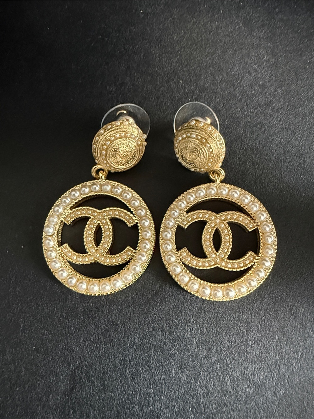 Chanel Gold-Tone Pearl CC Drop Earrings